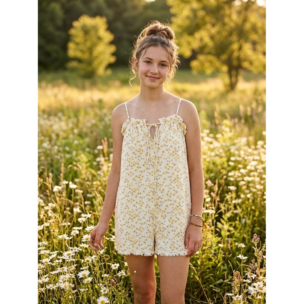 Cottagecore Yellow Daisy Polka Dot Cotton Romper Fringe Trim Small